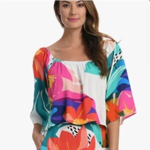 La Blanca Womens Sz M Floral Electric Shore Bell Sleeves Crop Top
